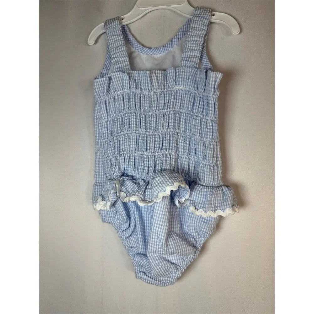 Baby Girls One Piece Swimsuit Size 3T Blue White Gingham Ruffle Skirt